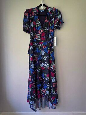 DRAPER JAMES Puff Sleeve Wrap Dress | XS | Navy Floral High Low Midi Length NEW